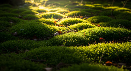 Vibrant green moss carpets the forest floor, illuminated by dappled sunlight filtering through the trees. The close-up shot highlights the intricate texture and freshness of the natural vegetation.の素材