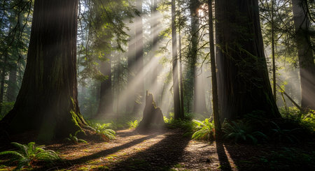 Majestic giant redwood trees in a dense forest illuminated by dramatic sunbeams cutting through the mist. The serene woodland scene highlights nature's grandeur and ancient beauty.の素材