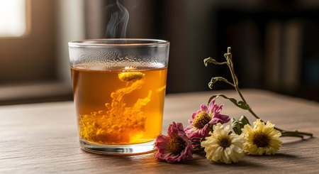 A transparent glass cup filled with hot, steaming blooming flower tea sits on a wooden table. Dried chrysanthemum flowers are placed next to it, creating a cozy and relaxing atmosphere centered around herbal wellness.の素材