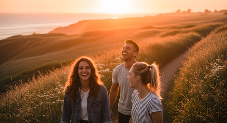 A group of three happy friends walking along a path in a grassy field during a golden sunset. They are laughing and talking, enjoying a carefree moment of friendship and outdoor adventure.の素材
