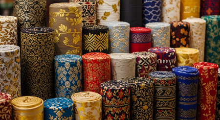 A close-up view of numerous rolls of colorful fabric featuring intricate gold patterns and traditional designs. The textures and vibrant colors suggest a textile shop or market specializing in high-quality materials like Songket or silk.の素材