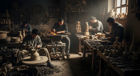 A group of skilled artisans working in a traditional workshop, engaging in various crafts like pottery, metalwork, and woodcarving. The scene is filled with activity, tools, and sparks, highlighting manual labor and cultural heritage.の素材