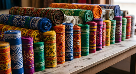 A neat stack of colorful woven fabric rolls featuring intricate traditional patterns rests on a wooden table. The textiles display vibrant geometric designs, likely representing cultural craftsmanship such as Ikat or Songket. This close-up highlights the texture, variety, and artistic heritage of handmade cloth.の素材