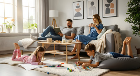 A warm and cozy scene of a family relaxing in their modern living room. The father reads a book on the sofa, the mother enjoys coffee, and two children draw and read on the soft carpet, depicting a peaceful weekend at home.の素材