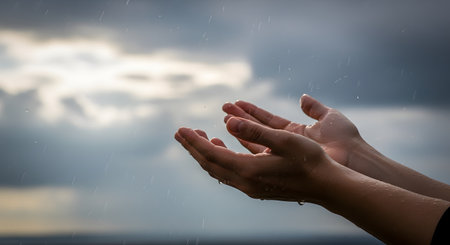 A pair of hands is cupped upwards to catch falling raindrops against a backdrop of a dramatic, cloudy sky. The image captures a moment of connection with nature, symbolizing hope, cleansing, or the simple sensation of rain.の素材