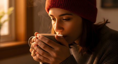A close-up portrait of a woman wearing a red beanie hat blowing on or sipping a steaming hot beverage from a mug. The warm, golden lighting suggests a cozy winter evening or a chilly morning, highlighting comfort and relaxation.の素材