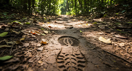A close-up perspective of deep hiking boot footprints embedded in a muddy forest trail. Sunlight filters through the dense green trees, highlighting the texture of the earth and the path ahead.の素材