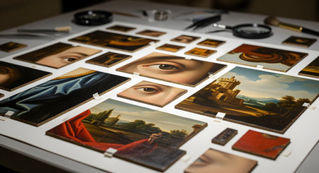 A conservationist's workspace displays fragmented pieces of a classic oil painting being carefully organized for restoration. The table is set with magnifying glasses and tools, highlighting the meticulous process of preserving history.の素材