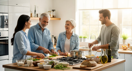 A happy multi-generational family prepares a meal together in a modern, bright kitchen. Grandparents and adult children chop vegetables and mix ingredients, highlighting family bonding and healthy living.の素材