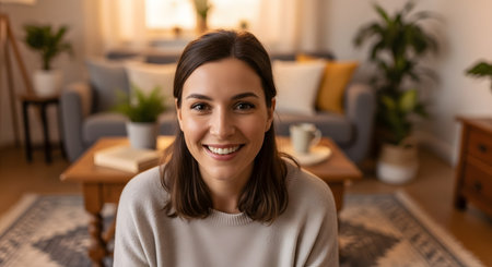 A happy young woman looks directly at the camera with a warm smile during a video call from her living room. The blurred background shows a cozy home interior with plants and a sofa, suggesting a relaxed remote work or social setting.の素材