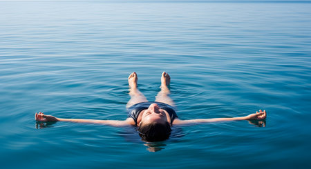 A woman relaxes by floating on her back in the calm, crystal-clear blue water of the sea or a lake. The serene image captures the essence of summer vacation, weightlessness, and total relaxation in a peaceful natural environment.の素材