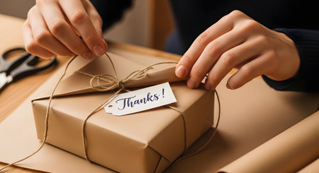 Close-up of hands tying a jute string around a brown paper gift box attached with a 'Thanks!' tag. The image represents gratitude, appreciation, and the art of eco-friendly gift wrapping for special occasions.の素材