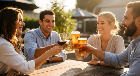 A joyful group of friends sitting outdoors at a wooden table, raising their glasses of beer and wine for a toast. Bathed in warm golden hour sunlight, they are laughing and enjoying a social gathering at a patio or garden party.の素材