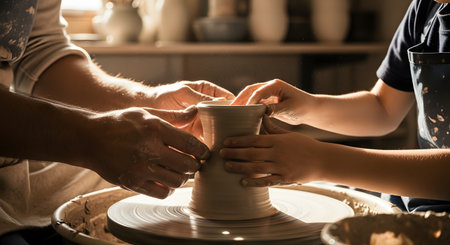Close-up of an adult's hands guiding a child's hands as they shape wet clay on a spinning pottery wheel. Sunbeams illuminate the dust particles and the tactile process of creating ceramics in a studio. This image symbolizes teaching, artistic skill transfer, and the hands-on joy of pottery.の素材