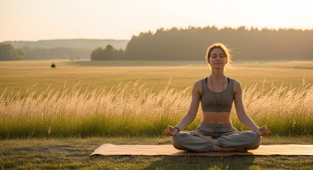 A calm woman sits in a lotus yoga position, meditating with eyes closed in a grassy field at sunset. The golden hour light illuminates the peaceful natural setting, highlighting wellness, mindfulness, and spiritual harmony.の素材