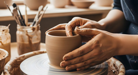 A potter's hands shape a wet clay vessel on a spinning pottery wheel in a studio. The close-up shot captures the tactile process of molding the clay into a pot, with tools and jars visible in the blurred background.の素材