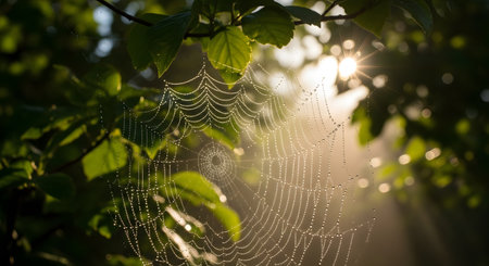 A close-up of an intricate spider web covered in morning dew drops, illuminated by the rising sun. The backlit web stands out against a blurred green foliage background, highlighting nature's delicate beauty.の素材