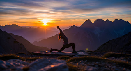 A silhouette of a woman practicing a yoga lunge pose on a rocky mountain peak during a stunning sunset. The background features rugged mountains and a colorful sky, symbolizing peace and connection with nature.の素材