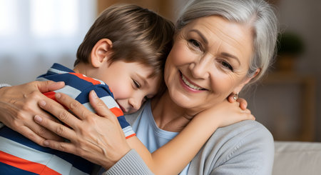 A heartwarming portrait of a smiling grandmother hugging her young grandson indoors. The close-up captures the genuine affection, love, and strong bond between generations in a cozy home setting.の素材
