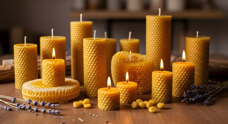 A beautiful arrangement of natural yellow beeswax candles, some with a honeycomb texture, burning warmly on a wooden table. The soft glow of the flames and the rustic aesthetic create a cozy, relaxing, and organic atmosphere.の素材
