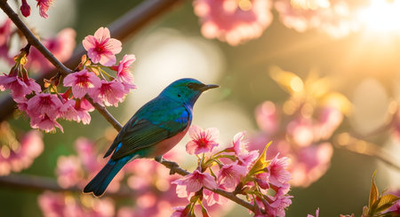 A vibrant blue and green bird perched on a blooming pink cherry blossom branch against a soft golden background. The image captures the beauty of spring nature and wildlife.の素材