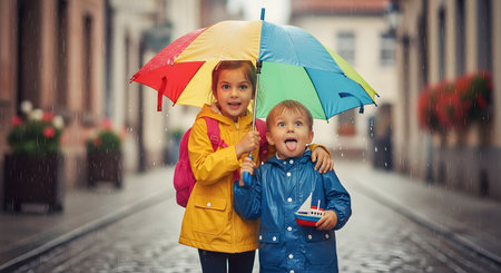Two young children, a boy and a girl, stand close together under a large rainbow-colored umbrella on a rainy street. They are wearing raincoats, smiling, and making playful expressions in the wet weather.の素材