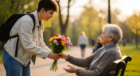 A smiling teenager presents a colorful bouquet of flowers to an elderly woman sitting on a park bench. The woman looks up with delight and gratitude, creating a heartwarming moment of intergenerational connection. The sunlit park setting emphasizes themes of kindness and respect.の素材