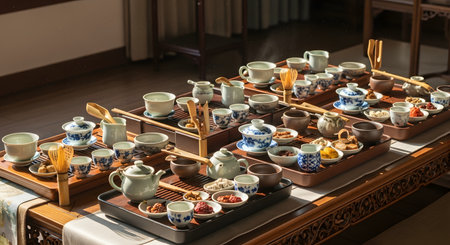 An elaborate traditional Chinese tea ceremony set arranged on wooden trays, featuring multiple ceramic teapots, cups, and small snacks. Steam rises from the vessels, bathed in warm sunlight, creating a cultural and ritualistic scene.の素材