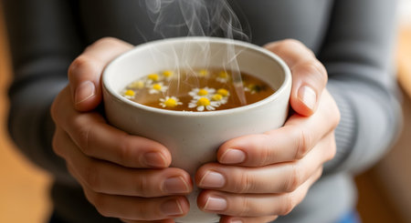 Two hands gently hold a ceramic cup filled with hot chamomile tea, with visible flowers floating on the surface. Steam rises from the beverage, conveying warmth, healing, and relaxation. The soft focus background emphasizes the comforting nature of the herbal drink.の素材