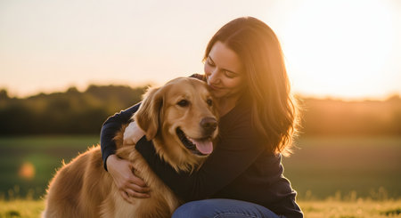 A smiling woman affectionately hugs her golden retriever dog in a grassy field during the golden hour. The warm sunlight illuminates their faces, highlighting the strong bond of love and friendship between the owner and her pet.の素材