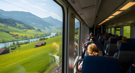 A scenic view through a train window showing lush green rolling hills, distant mountains, and a river. Passengers are seated inside the modern train carriage, enjoying the picturesque journey through the countryside.の素材