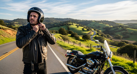 A handsome man wearing a leather jacket puts on a black helmet while standing next to his motorcycle on a scenic country road. The background features rolling green hills and a winding road under a blue sky, symbolizing adventure and freedom.の素材