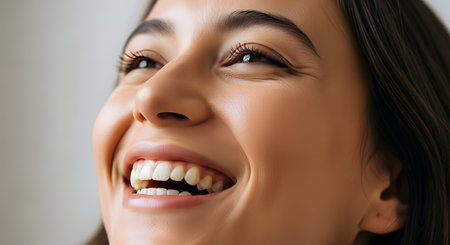 A close-up portrait captures a young woman with a radiant smile looking upwards. Her natural makeup, glowing skin, and joyful expression convey themes of happiness, dental health, and positivity. The soft lighting enhances her fresh and cheerful appearance.の素材