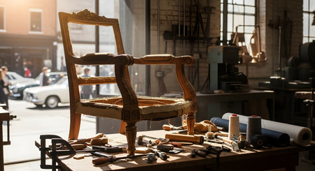 The interior of a furniture restoration workshop features an antique wooden chair frame in the process of being repaired. The table is cluttered with woodworking tools, fabric rolls, and clamps, illuminated by natural light from a large window. This scene highlights the craft of upholstery and carpentry.の素材