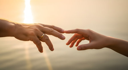 A close-up silhouette of two hands reaching out to touch fingertips against a warm, glowing sunset background. The image symbolizes connection, love, romance, and human contact.の素材