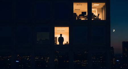 The exterior facade of a modern office building at night, featuring a grid of dark windows with a single illuminated room in the center. The silhouette of a person stands alone in the lit window, symbolizing working late, overtime, insulation, or solitude in the urban city.の素材