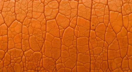 A close-up macro shot of a textured orange surface featuring a network of organic cracks and ridges. The detailed pattern resembles dry leather, parched earth, or a biological abstract design.の素材