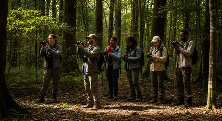 A diverse group of photographers stands in a line in a lush green forest, each holding a camera to capture nature. They participate in a photography workshop, dressed in outdoor gear, focused on learning and exploring the woodland environment.の素材