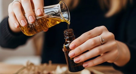 Close-up of female hands carefully pouring a golden liquid from a laboratory beaker into a small amber glass bottle. This image depicts the process of formulating essential oils, natural cosmetics, or pharmaceutical extracts.の素材
