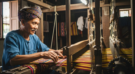 An elderly Asian artisan smiles while weaving colorful threads on a traditional wooden loom. The image captures the intricate process of handcrafted textile production and the preservation of cultural heritage.の素材