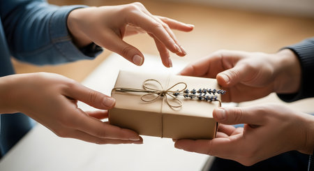 A close-up view of two people's hands exchanging a small, eco-friendly gift box wrapped in brown kraft paper and tied with twine. A sprig of dried lavender decorates the package, highlighting themes of sustainability, care, and thoughtful giving.の素材
