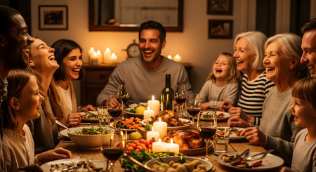 A large, multi-generational family laughs and enjoys a festive dinner together at a long wooden table. Illuminated by warm candlelight, the scene captures the joy of connection, shared meals, and celebration among children, parents, and grandparents.の素材