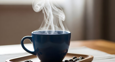 A blue ceramic cup filled with hot coffee sits on a wooden tray, with swirls of white steam rising into the air. The image captures the warmth and aroma of a fresh morning beverage.の素材