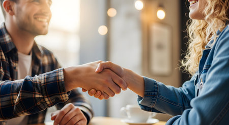 A close-up shot of a man and a woman shaking hands across a table in a casual setting like a cafe. Both are smiling indicating a successful agreement partnership or friendly introduction.の素材