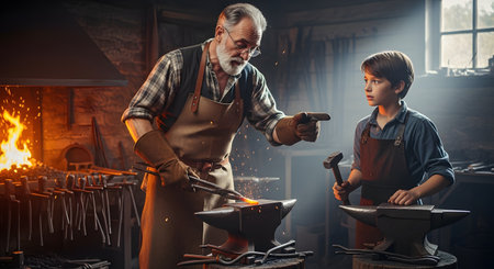 An elderly blacksmith with a white beard instructs a young apprentice in a traditional forge. Sparks fly as the master points to the anvil where a glowing hot metal piece is being worked on, symbolizing mentorship and craftsmanship.の素材