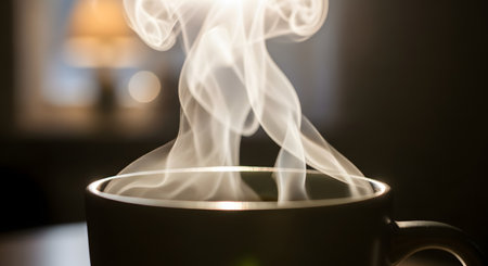 A moody close-up shot of steam swirling elegantly from a hot cup of coffee or tea. The cup is silhouetted against a blurred warm background, emphasizing the heat, aroma, and comfort of a fresh morning beverage.の素材