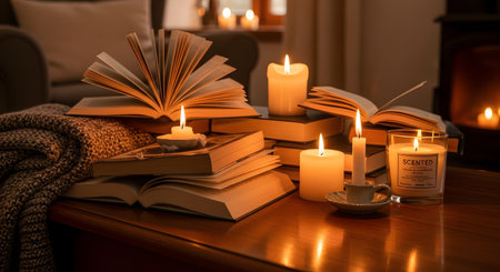 A cozy reading setting featuring open hardcover books surrounded by glowing pillar and jar candles on a wooden table. A knitted blanket and a warm fireplace in the background enhance the comfortable and relaxing winter or autumn atmosphere.の素材