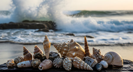 A beautiful arrangement of various seashells placed on a piece of driftwood in the foreground. In the background, powerful ocean waves crash against the shore, creating a scenic and refreshing tropical beach atmosphere.の素材