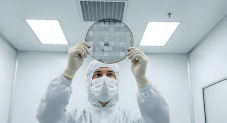A scientist wearing a full cleanroom suit and mask inspects a silicon wafer held up to the light. The image highlights precision manufacturing and quality control in the high-tech semiconductor industry.の素材