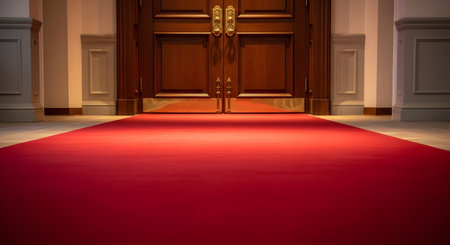 A pristine red carpet stretches down a hallway leading to a pair of grand, polished wooden double doors with gold handles. The elegant interior features white wainscoting and warm lighting, suggesting a high-profile event or exclusive venue. The perspective draws the eye directly to the closed doors, creating a sense of anticipation and prestige.の素材